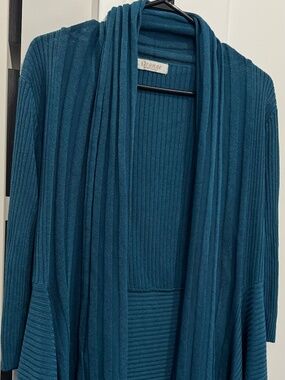 Orange Teal Ribbed Cardigan Open Front Draped Womens Size L Viscose Blend